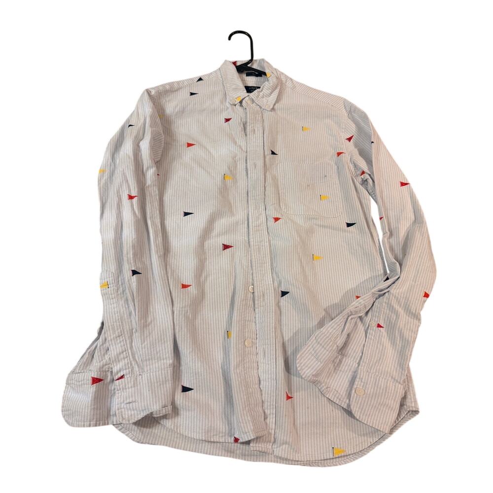 J.Crew Oxford Shirt Mens Small Slim Fit Blue White Stripe Flag Print Button Down